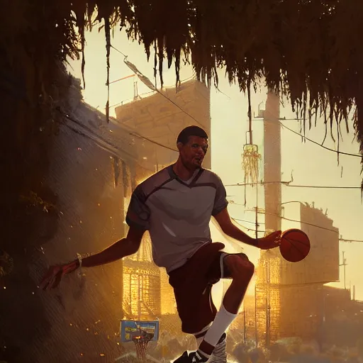 Image similar to highly detailed basketball player, in gta v, stephen bliss, unreal engine, fantasy art by greg rutkowski, loish, rhads, ferdinand knab, makoto shinkai and lois van baarle, ilya kuvshinov, rossdraws, tom bagshaw, global illumination, radiant light, detailed and intricate environment