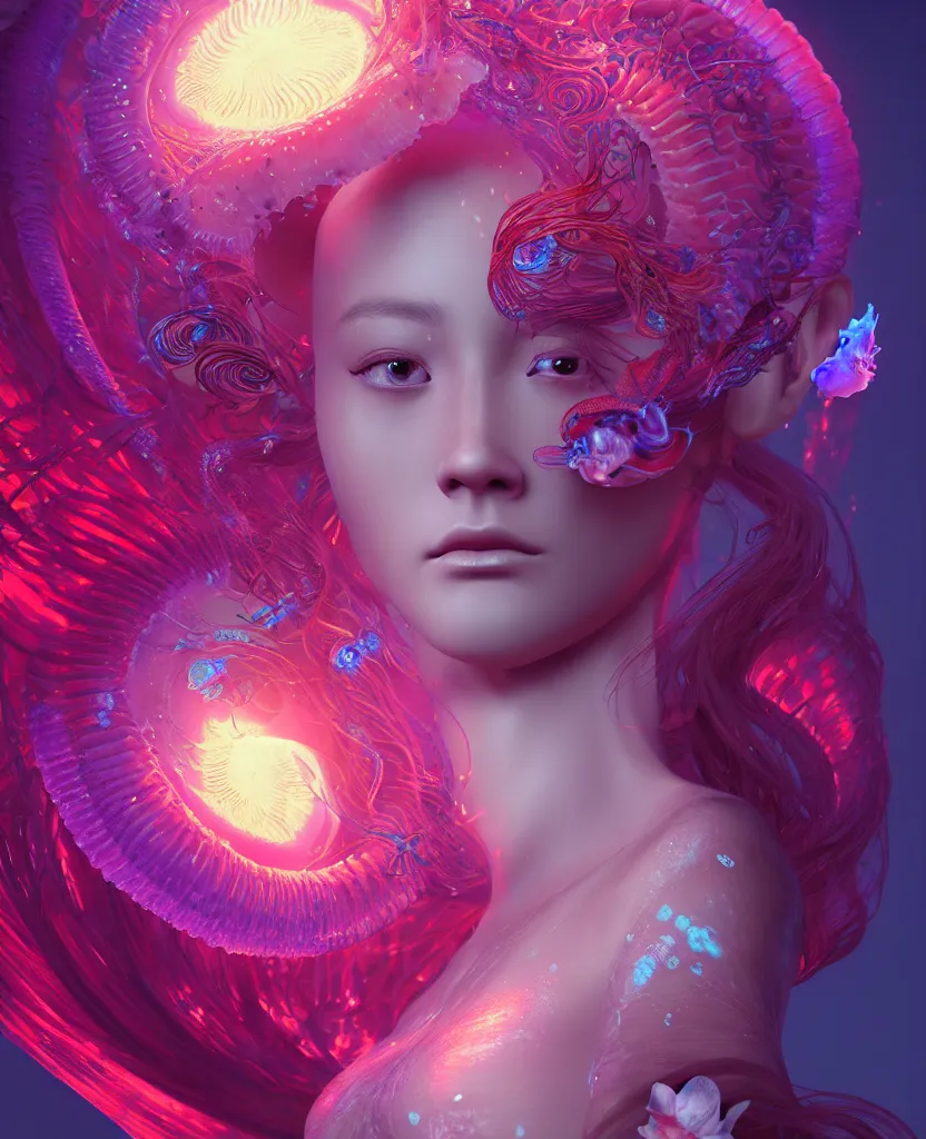 Image similar to goddess close-up portrait. jellyfish phoenix head, nautilus, orchid, skull, betta fish, bioluminiscent creatures, intricate artwork by Tooth Wu and wlop and beeple. octane render, trending on artstation, greg rutkowski very coherent symmetrical artwork. cinematic, hyper realism, high detail, octane render, 8k