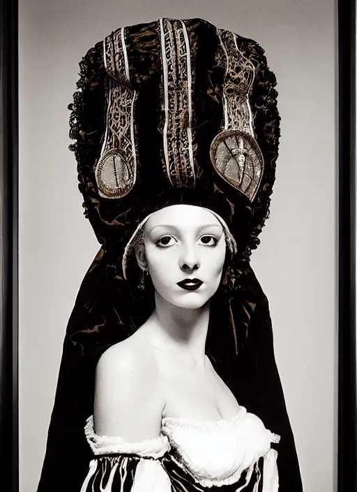 Image similar to portrait of young woman in renaissance dress and renaissance headdress, art by helmut newton