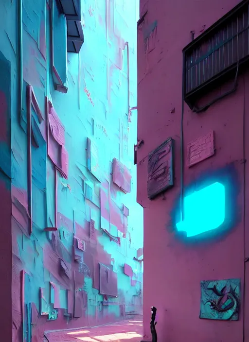 Image similar to matte painting extreme offset 3 d calligraphy graffiti mural dripping paint wall extreme maximalism by by atey ghailan, by greg rutkowski, by greg tocchini, by james gilliard, by joe fenton, by artur bordalo, pink, brown, black and light blue color scheme, octane render