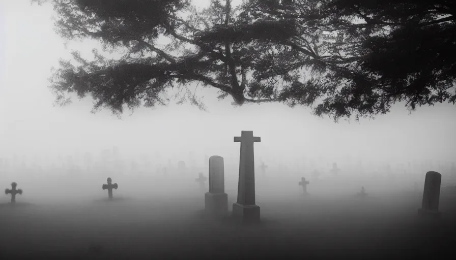 Prompt: a photograph of a ghost floating above a cemetary by a beach, ethereal, misty, muted colors, landscape