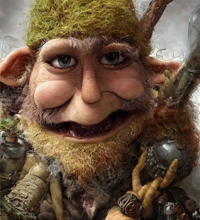 Prompt: hyper realistic portrait of postapocalyptic hairy muppet show elf goblin wizard glass beads clay amulets cinematic symmetric dark _ crystal, artstation brian froud, alan lee, jean baptiste monge, scott radke