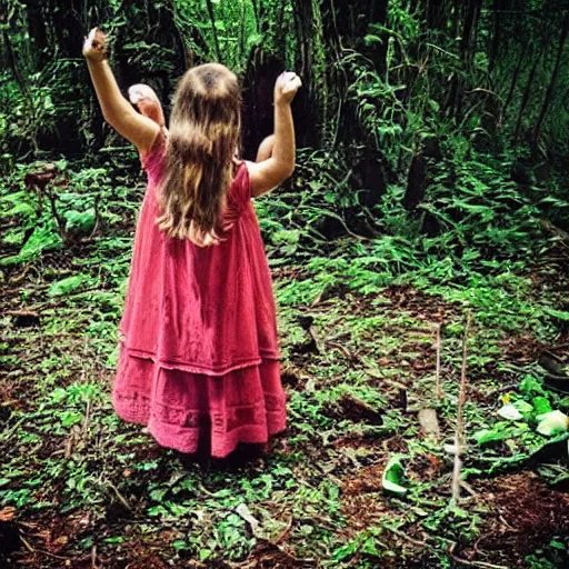 Prompt: “child girl making a ritual sacrifice in the forest”