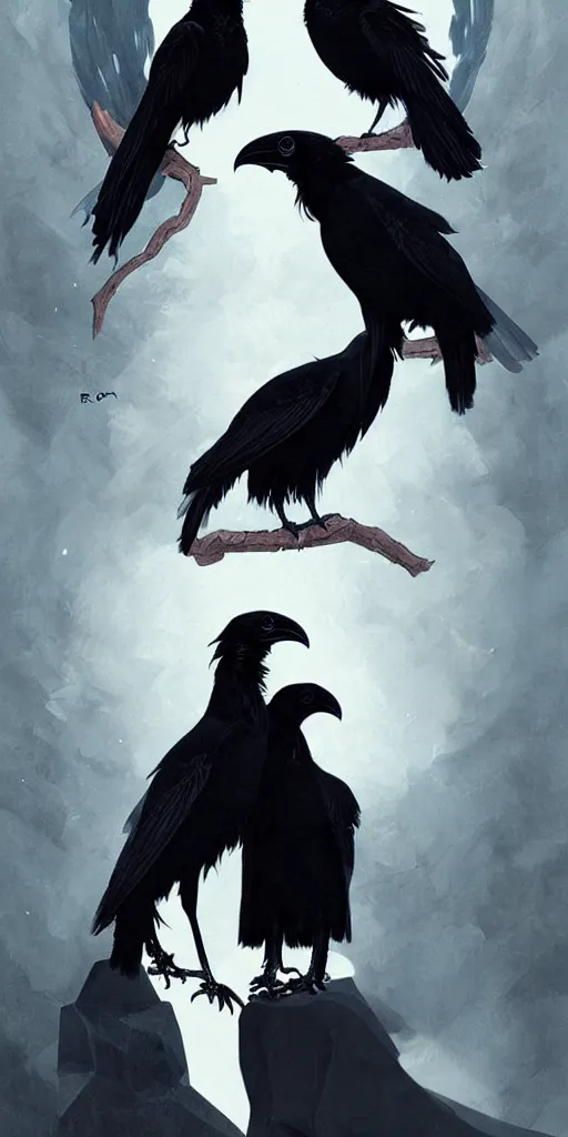 Image similar to breathtaking detailed concept art painting art deco portrait of goth couple amalgamation raven, by hsiao - ron cheng, bizarre compositions, exquisite detail, extremely moody lighting, 8 k