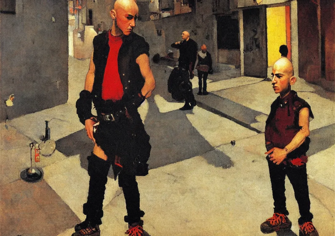 Image similar to a punk latino skinhead following a watchful light through the streets of a city, muted color scheme, sparse detail, by george luks, joan miro and moebius