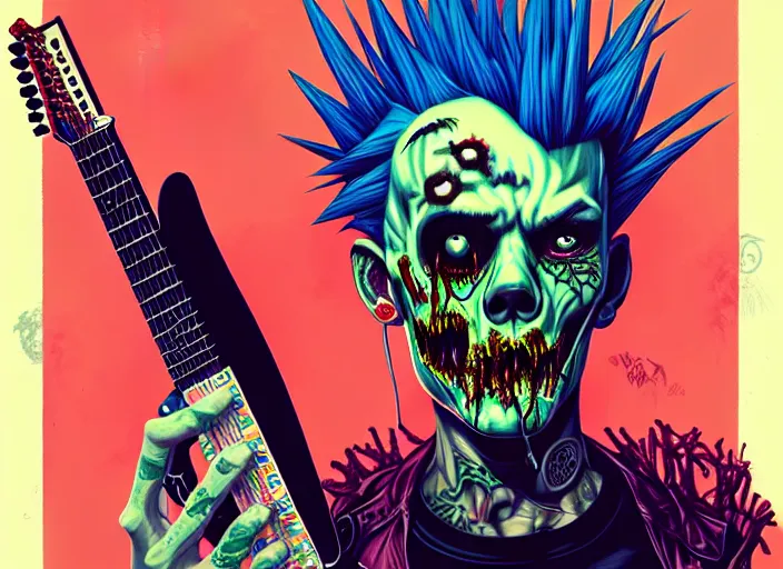 Prompt: a zombie punk rocker with a mohawk holding a stratocaster, tristan eaton, victo ngai, artgerm, rhads, ross draws