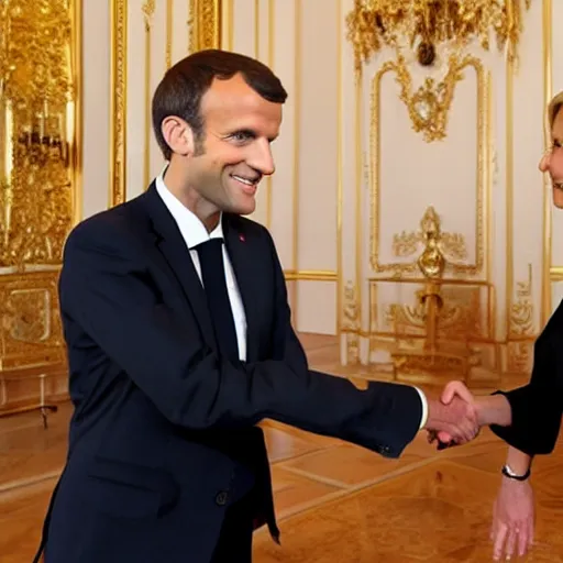 Prompt: emmanuel macron and marine lepen shaking hands