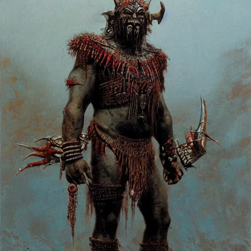 Image similar to feral orc warrior, aztec armor, beksinski