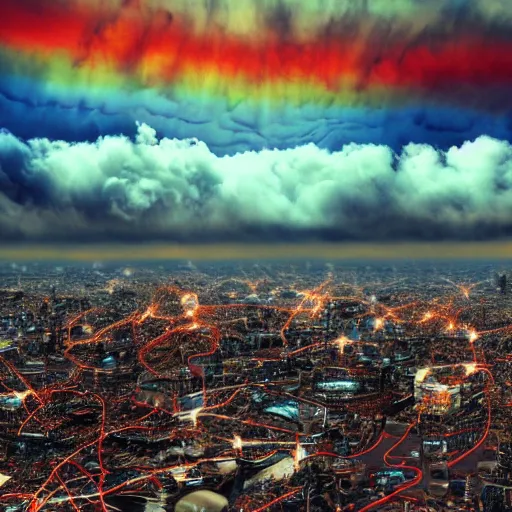 Prompt: apocalyptic londen with psychedelic clouds in the year 2 2 4 5. 4 k