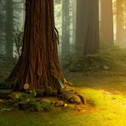 Prompt: gravestone in a redwood forest, sunlit, octane render, matte, greg rutkowski, highly detailed, hdr