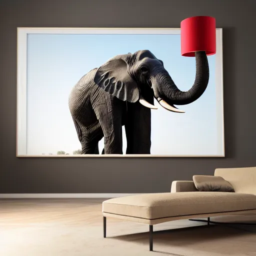 Image similar to a large lamp, shaped as an elephant, placed in a large living room, art designers magazine HD photo superrealism 3d 8k resolution