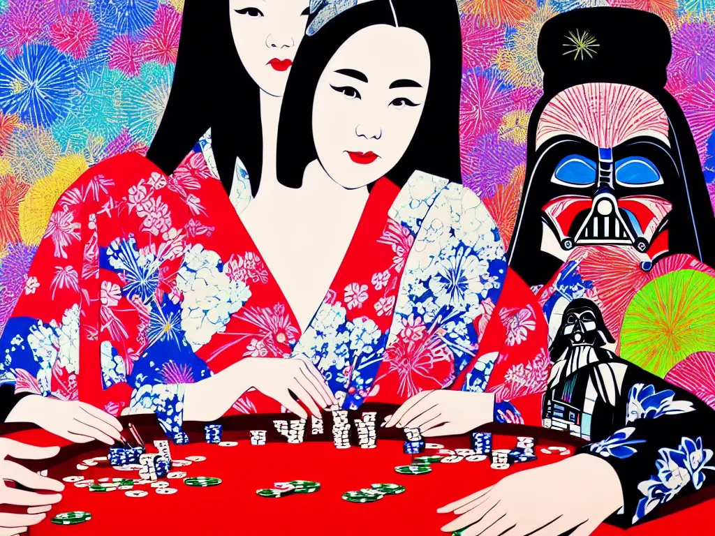 Image similar to hyperrealistic composition of the detailed woman in a japanese kimono sitting at a poker table with detailed darth vader, fireworks, beautiful mountain in the background, pop - art style, jacky tsai style, andy warhol style, acrylic on canvas