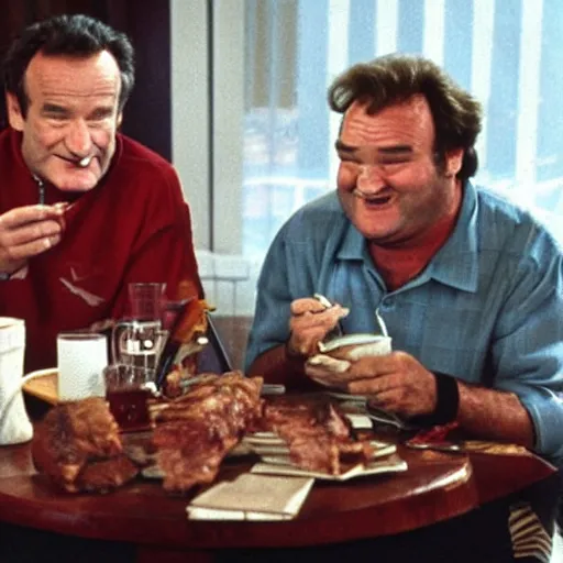 Image similar to robin williams and bill mirray at a restaurant eating ribs, messy food, bbq sauce on their clothes, bill murray has a crazy look in his eye, john candy plays the worried waiter who is brusing his sauce hair in the smudged mirror, aberrant reflection