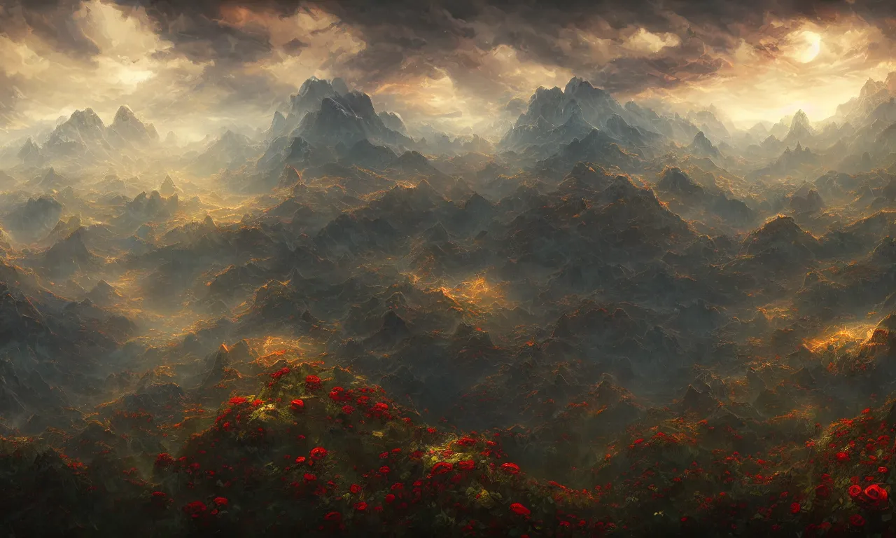 Image similar to breathtaking digital painting of an aerial landscape in luxurious nature, mountains rockas at dawn with roses and golden petals flying, with intricate art nouveau moody dark tumultuous clouds, by anato finnstark and johannes voss, concept art, matte, 8 k,