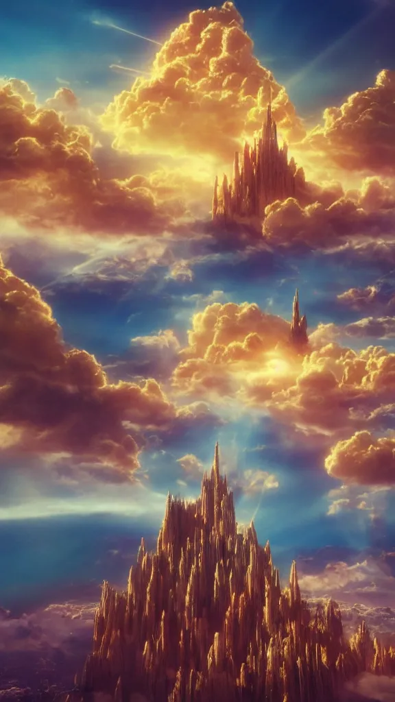Prompt: magical cloud city, detailed, beautiful, golden light, colourful movie frame, 8 k