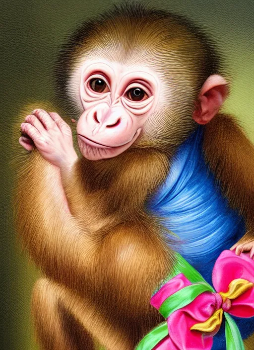 Prompt: baroque rococo painting Royal Fancy Baby Monkey Hildebrandt Lisa Frank high detail cute adorable whimsical up close simian ape monkey ribbon