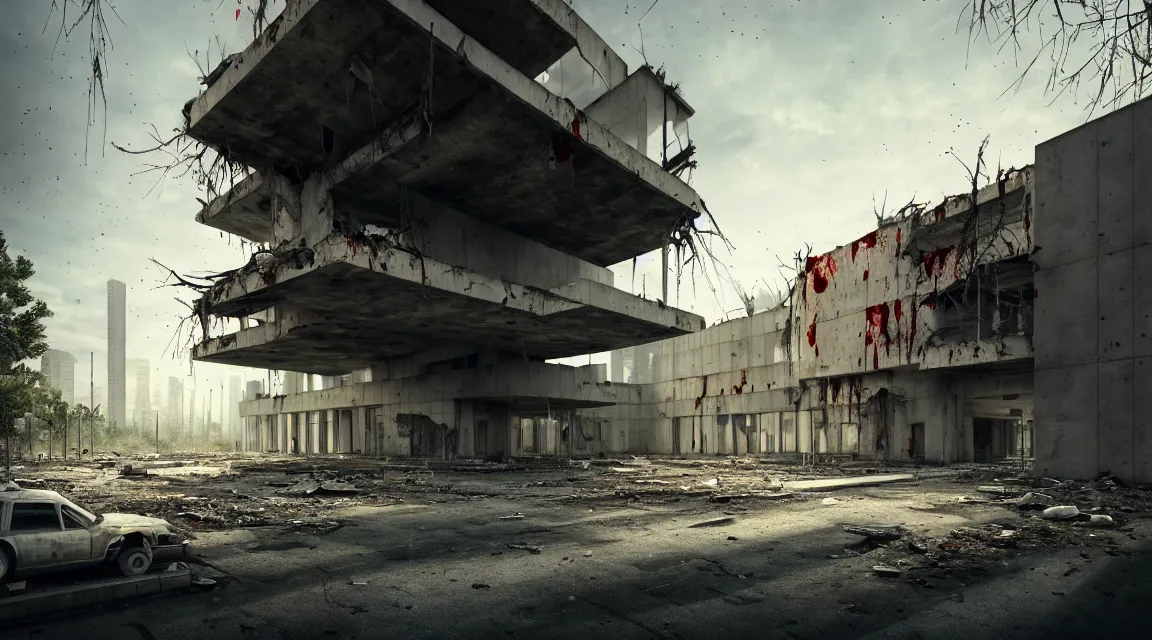 Image similar to post apocalyptic hospital building, morning, building, avenue, modern contemporary urban americana concrete architecture, by pascal blanche, neil blevins, apocalyptic color palette, trending on artstation, photorealistic, wilderness ambiance, ultra detailed, high definition, depth of field, bokeh, rubble, wild vegetation, blood stains, building crumbling, human silhouettes walking