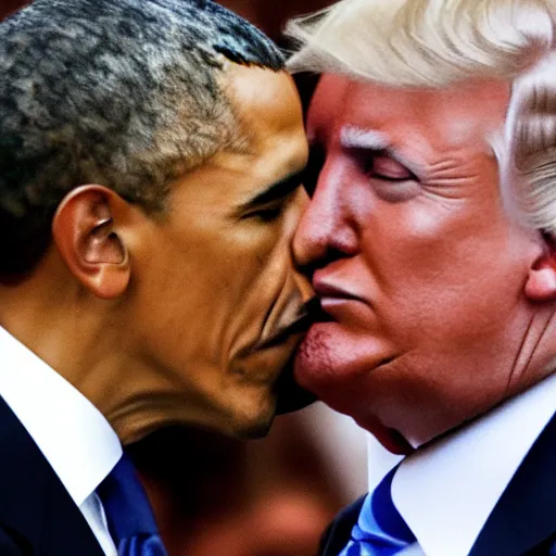 Image similar to a photograph of Barack Obama and Donald trump kissing each other