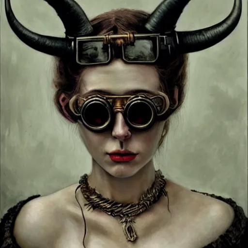 Prompt: a hyperrealistic portrait painting of a beautiful woman with demon horns wearing steampunk goggles, by santiago caruso, highly detailed,