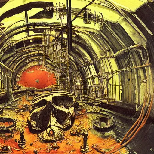 Prompt: oil masterpiece of moonshine refinery for blood, inside giant's skull with primordial ooze and rust ceiling, by bernie wrightson