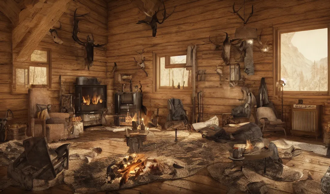 Image similar to cozy interior of a hunting cabin, fireplace, ascher clemens, home, interior, octane render, deviantart, greg rutkowski, cinematic, key art, hyperrealism, canon eos c 3 0 0, ƒ 1. 8, 3 5 mm, 8 k, medium - format print