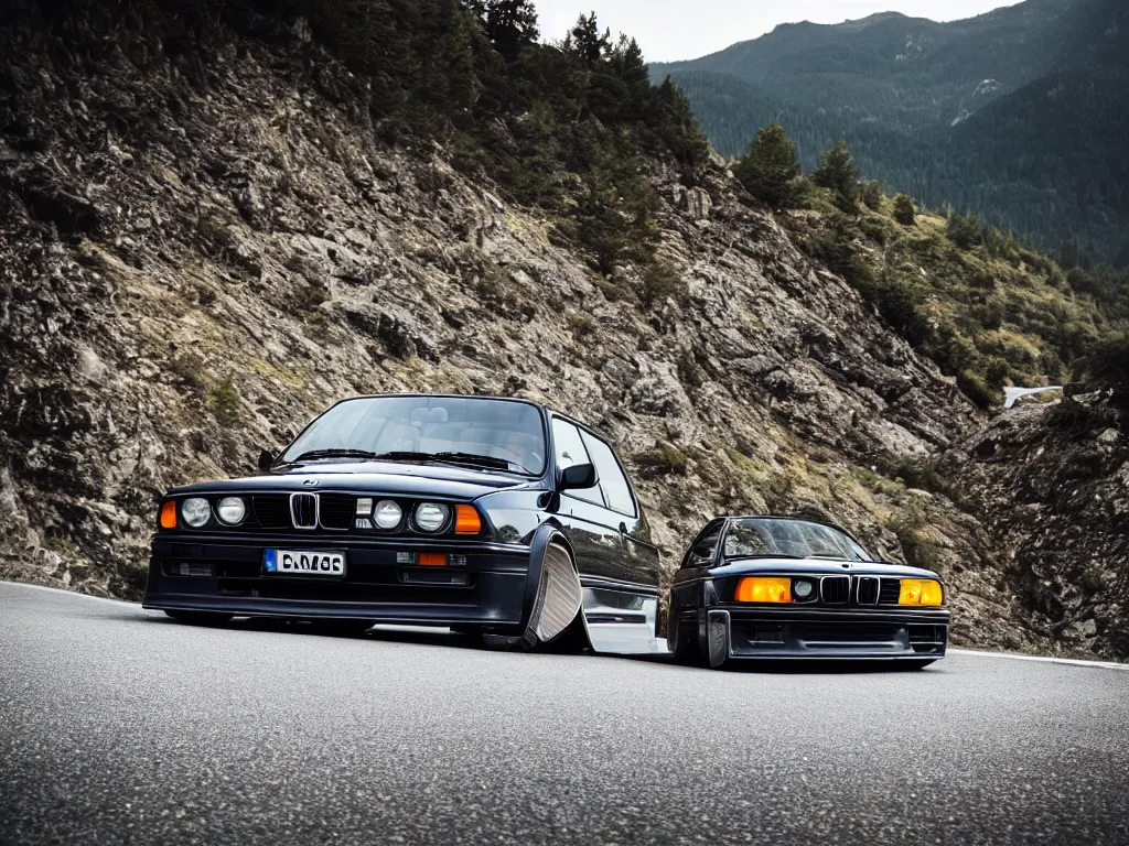 Image similar to a modified bmw e 3 0 with lights on a mountain road, motion blur, 3 5 mm photography, car photography, clean lines, realistic