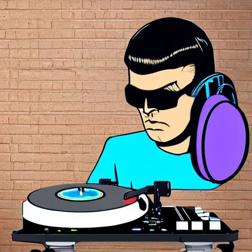 Image similar to svg sticker of a Pop-Wonder Captain-Spock-Star-Trek at a rave, spinning records, giant headphones rocking out, wearing headphones, huge speakers, dancing, rave, DJ, spinning records, digital art, amazing composition, rule-of-thirds, award-winning, trending on artstation, featured on deviantart