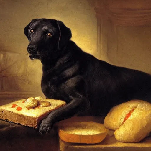 Prompt: rembrandt painting of a black labrador looking longingly at a loaf of bread on a table