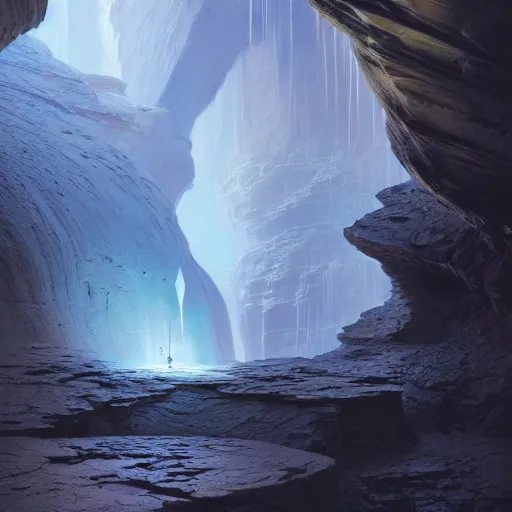 Image similar to light is mine to travel,beyond time ,the cathedrals in a canyon grotto of life the beginning , geological strata,ground mist, falling water,pools of water, by Sparth and Greg Rutkowski, hypermaximalist,micro details, 3d sculpture,,digital rendering,octane render , 4k, artstation, concept art , f22,deep depth of field,photographic, wide angle,cinematic lighting