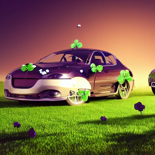 Prompt: a high tech car colliding with a giant clover, hd 8 k ultra octane render