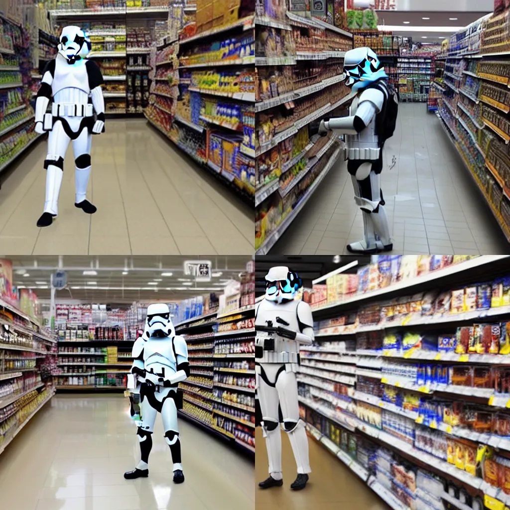 Prompt: Security Camera Footage Of A Storm Trooper In A Grocery Store, Photorealistic