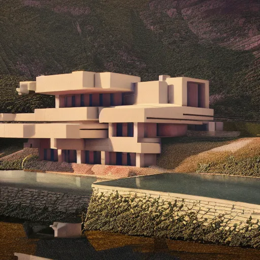 Prompt: realistic architecture created with camembert and empty bootle of wine, frank lloyd wright, french landscape, octane, redshift, 4 k,