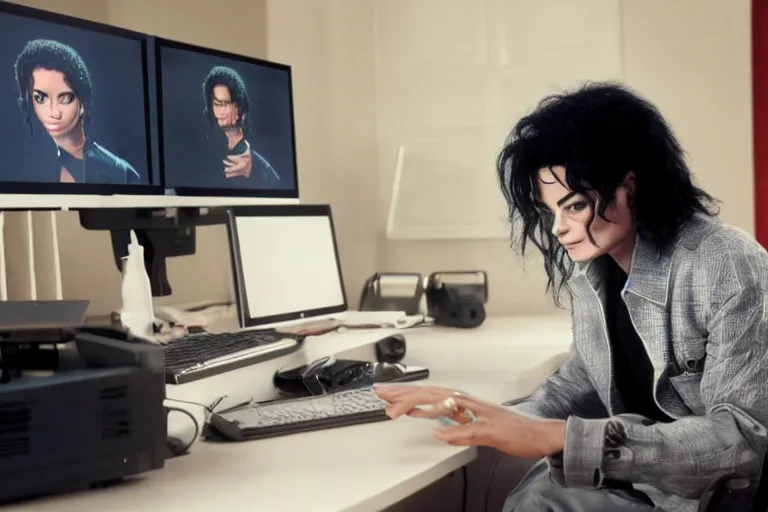 Image similar to Michael Jackson using discord on a computer ultra realistic, 4K, movie still, UHD, sharp, cinematic