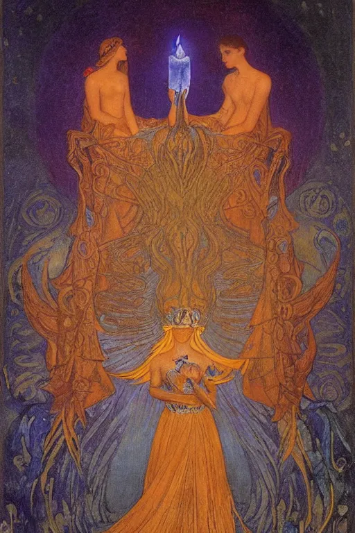 Image similar to queen of night with her lantern and birds, by Nicholas Roerich and Annie Swynnerton and jean delville and Gaston Bussière, black leather and embroidered velvet, iridescent beetles, rich color, dramatic cinematic lighting, extremely detailed