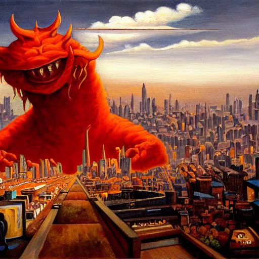 Prompt: by ernie barnes, by nicolas mignard flickr, cinnabar cosy, rigorous. a beautiful painting of a large, orange monster looming over a cityscape. the monster has several eyes & mouths, & its body is covered in spikes. it seems to be coming towards the viewer, who is looking up at it in fear.