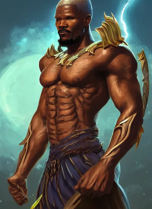 Image similar to a highly detailed illustration of Jamie Foxx as a bearded short fade hair african warrior god of lightning, evil floating pose, moonlit clouds background, muscular, intricate, elegant, highly detailed, centered, digital painting, artstation, concept art, smooth, sharp focus, league of legends concept art, WLOP
