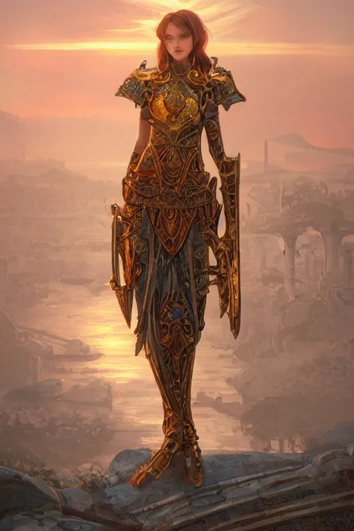 Prompt: portrait knights of Zodiac girl, metalic orange and dark blue reflected armor, in ruined Agora of Athens sunrise, ssci-fi, fantasy, intricate, very very beautiful, elegant, golden light, highly detailed, digital painting, artstation, concept art, smooth, sharp focus, illustration, art by tian zi and WLOP and alphonse mucha