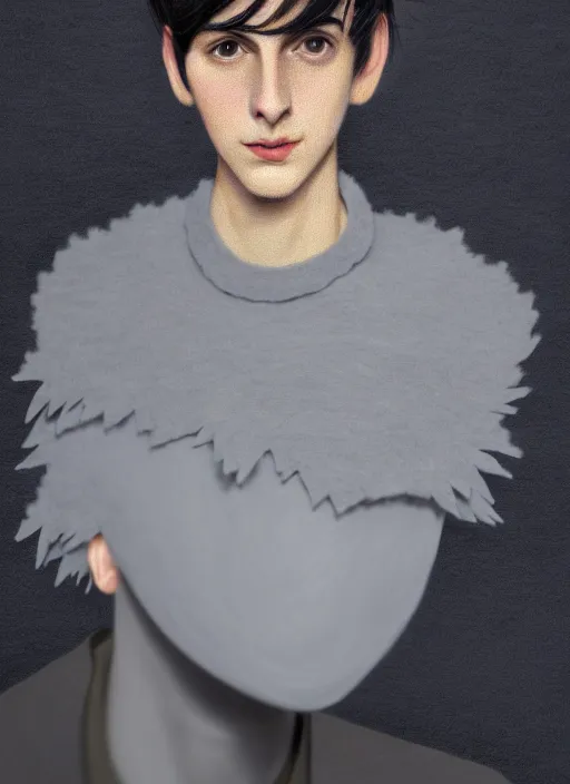 Image similar to portrait of teenage jughead jones wearing a light grey crown, photorealistic, crown made of felt fabric, crown, crown made of felt, black hair, intricate, elegant, highly detailed, digital painting, glowing lights, artstation, concept art, smooth, sharp focus, illustration, art by wlop, mars ravelo and greg rutkowski