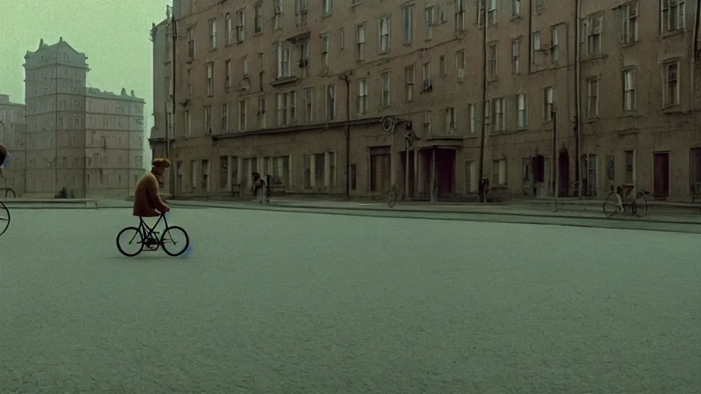 Prompt: a man riding a bicycle, film still from the movie directed by wes anderson with art direction by zdzisław beksinski, wide lens