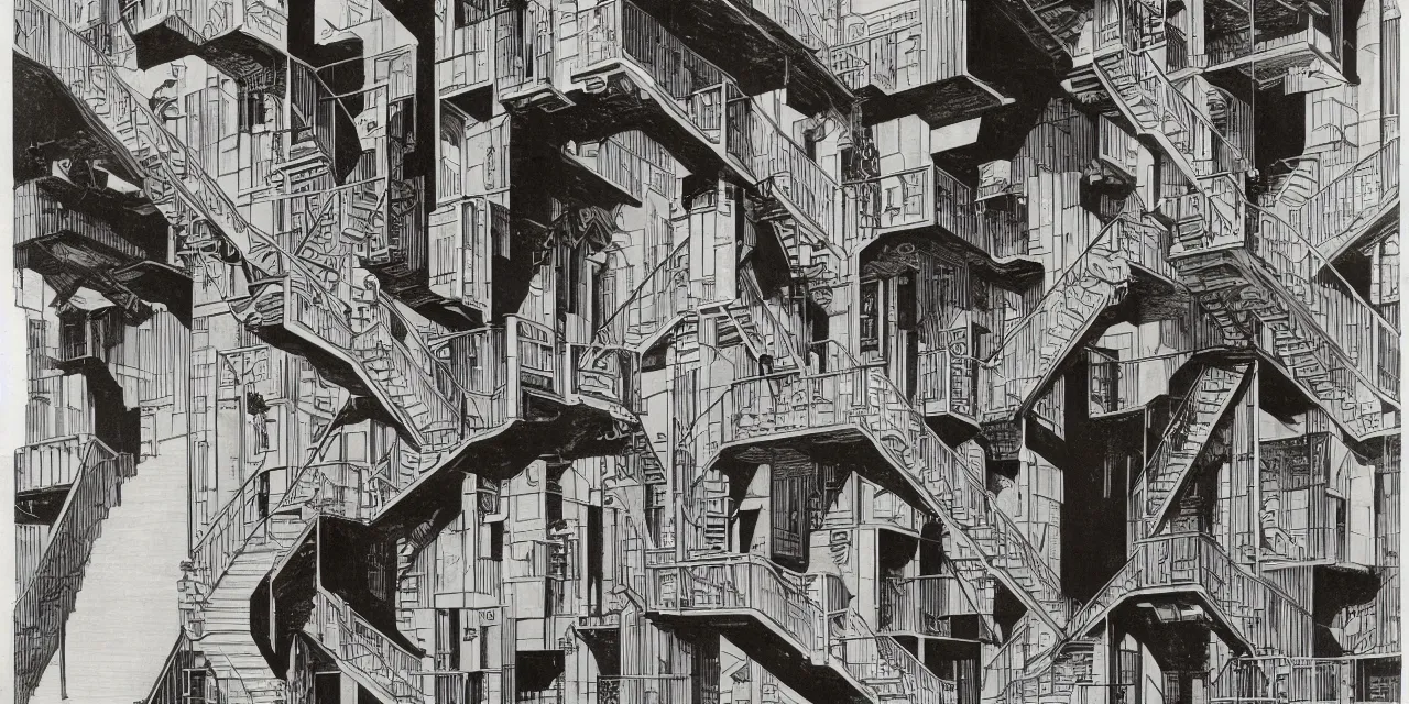 Prompt: multiple staircases by m. c. escher and mike mignola