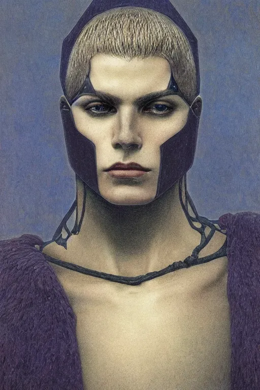 Image similar to portrait of beautiful gothic and futuristic young man, warcpace, cyber and rocks armor, a lot of more and more scars, thunderstorm, blueack with white head, the middle ages, highly detailed, artstation, illustration, more and more composision, 8 k quality, art by jean delville, rene magritte