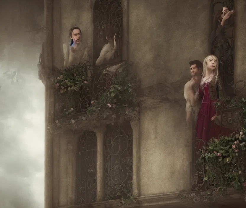 Prompt: the balcony scene from Romeo and Juliet as a dark fantasy, gothic romance, Nicholas Hoult as Romeo, and Elle Fanning as Juleit gloomy and foggy atmosphere, octane render, artstation trending, horror scene, highly detailded