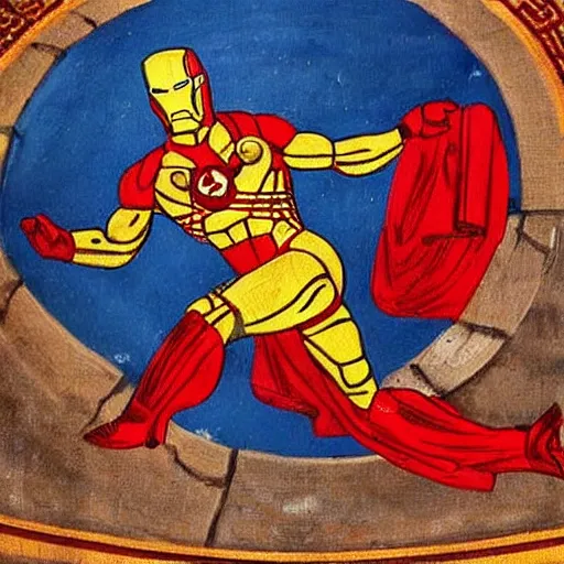 Prompt: hellenistic greece painting of ironman flying across the coliseum