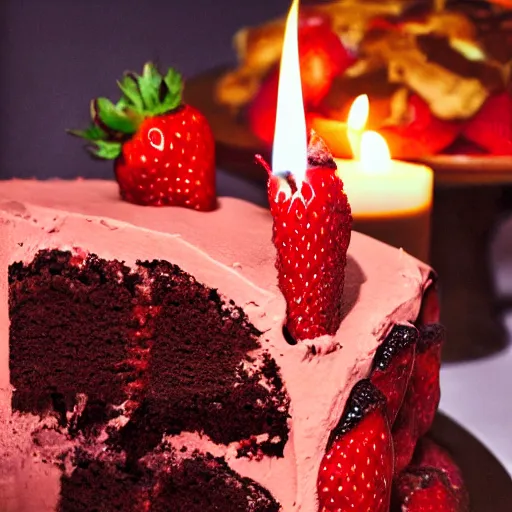 Prompt: a photograph of a cross section cut strawberry chocolate cake at night, candles illuminating the scene, photo realistic, hyperrealism