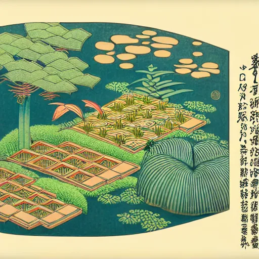 Image similar to 3 d isometric botanical illustration of a small city in an island surrounded by water, diego rivera in ukiyo - e style variation 1, hd