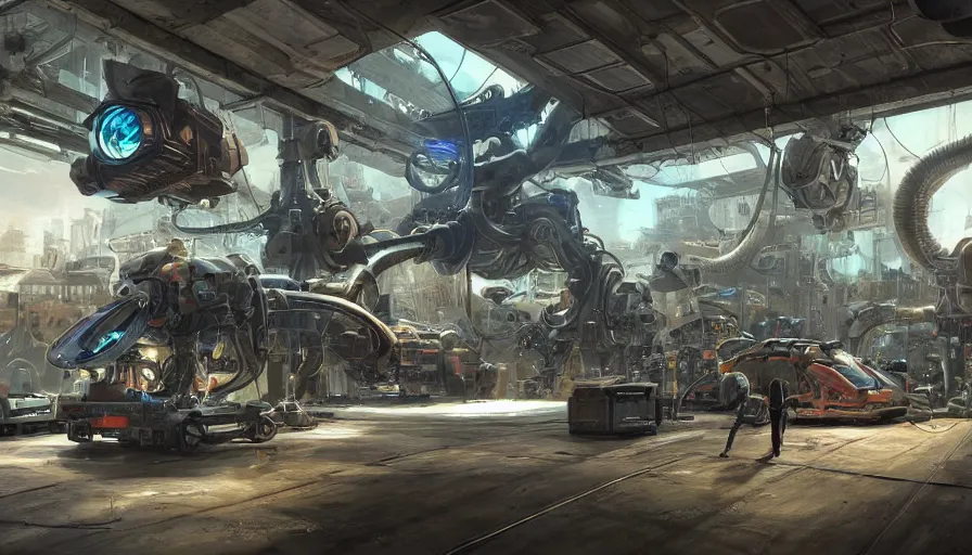 Image similar to the inside of a futuristic mechanic spaceshop coc, highly detailed interior, scrap metal on workbenches, half - finished robot, holographic screen in center frame by peter mohrbacher, cryengine render, hyper realism, realistic shading, cinematic composition, realistic render, octane render, detailed textures, photorealistic, wide shot, fanciful, colorful