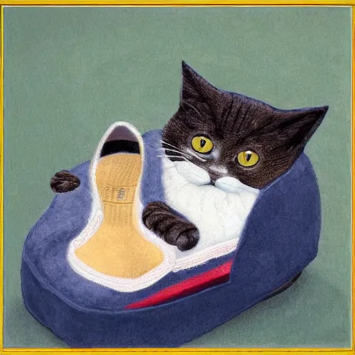 Image similar to cat sitting in the slipper, highly detailed