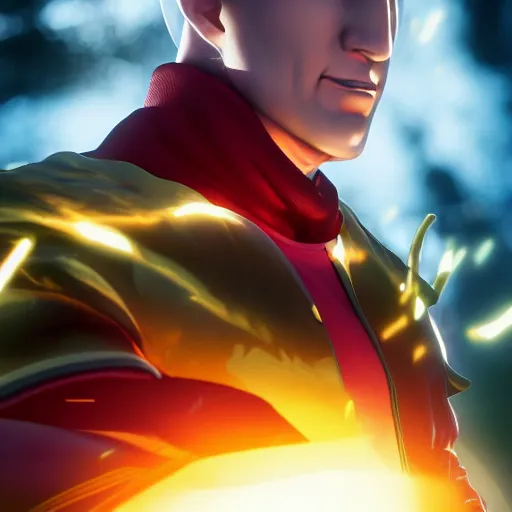 Image similar to a portrait of saitama as a genshin impact character, ingame shot from genshin impact, wet reflections, unreal engine 5, intricate details, fantasy, hyper realism, humongous view, rtx, smooth, cinematic