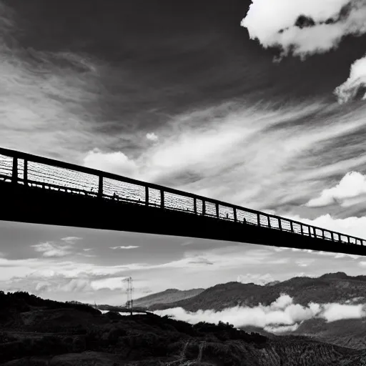 Image similar to steel suspension bridge built in 1 9 2 8, side view, clouds in background, woodcut style,