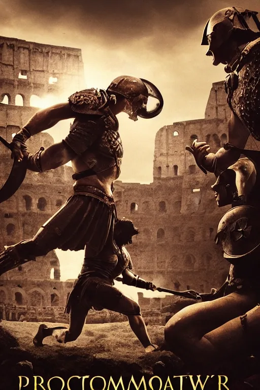 Image similar to Movie poster of a Roman gladiator duel to the death, out of focus colosseum with spectators in background, in the style of Greg Rutkowski and Ace Powell and Jean Giraud, extremely moody lighting, glowing light and shadow, atmospheric, shadowy, cinematic